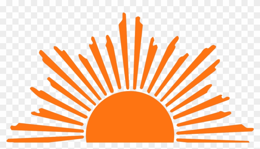 Orange stylized rising sun vector with radiating rays on transparent background