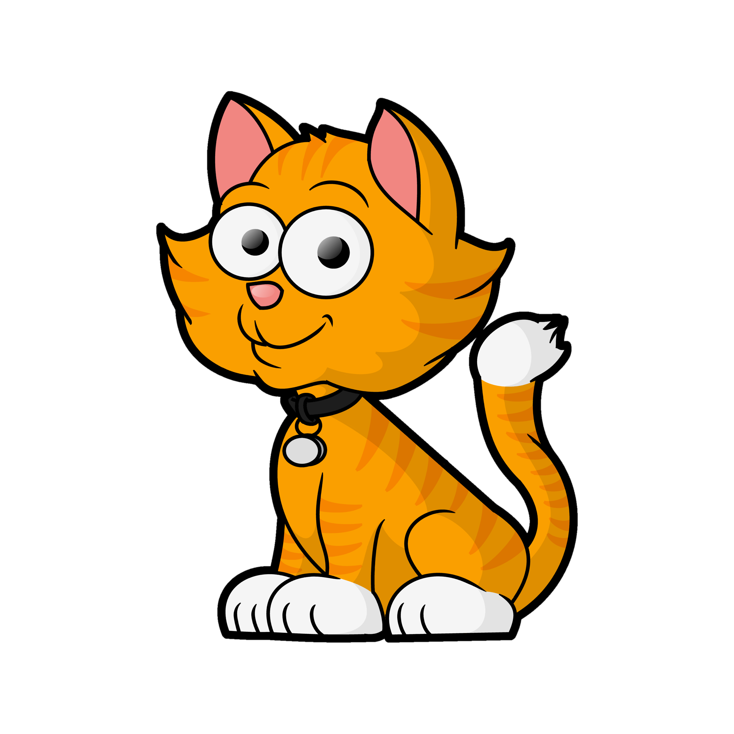 Cartoon orange tabby cat sitting with big eyes, white paws, and a collar tag.