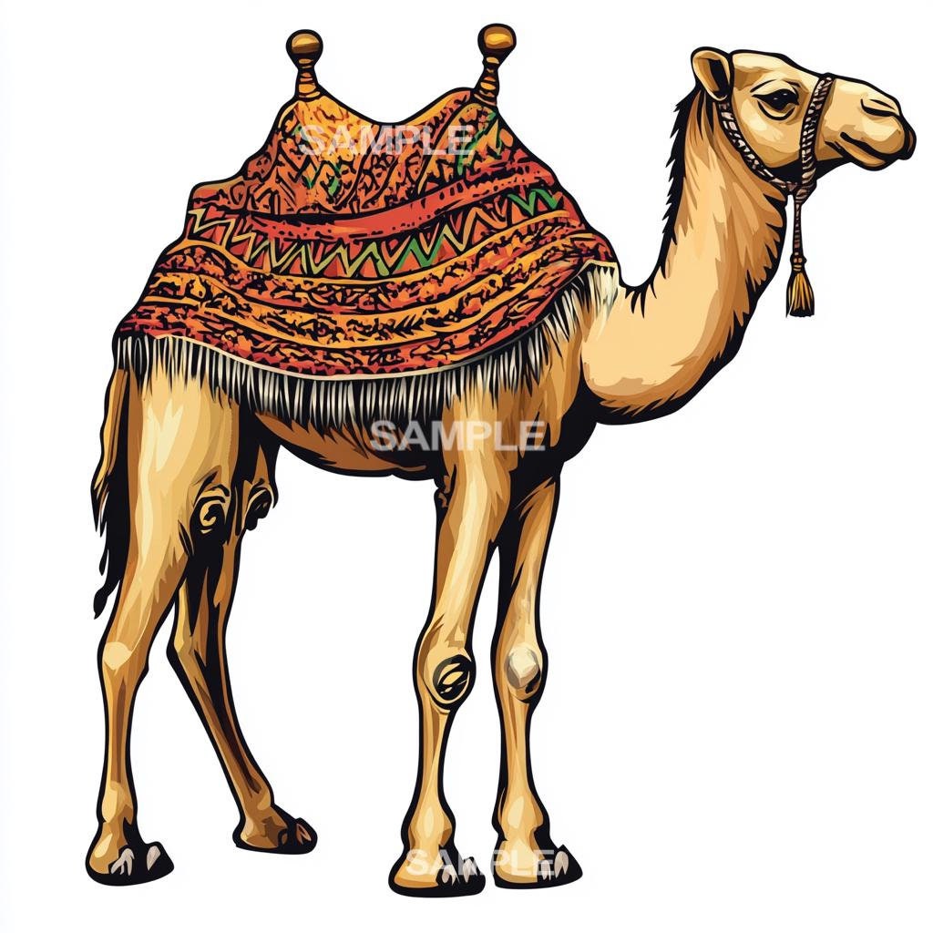 Ornate Camel Illustration with Traditional Saddle Blanket