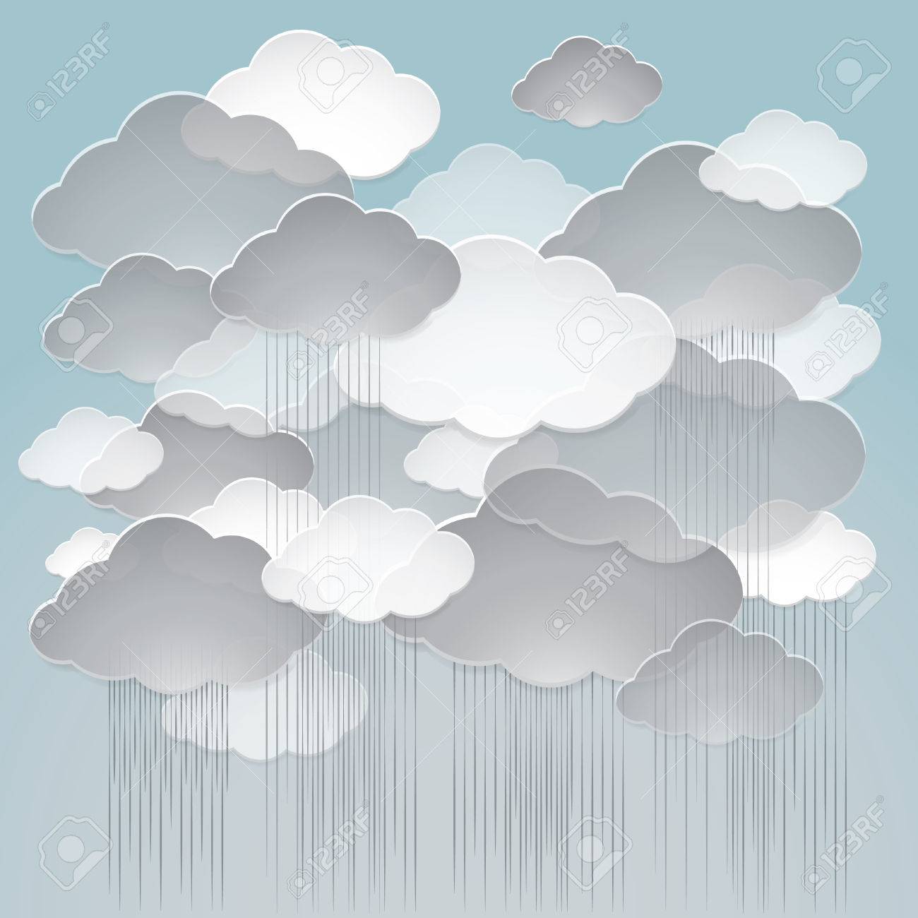 Paper cut style clouds with rain falling on a blue background.