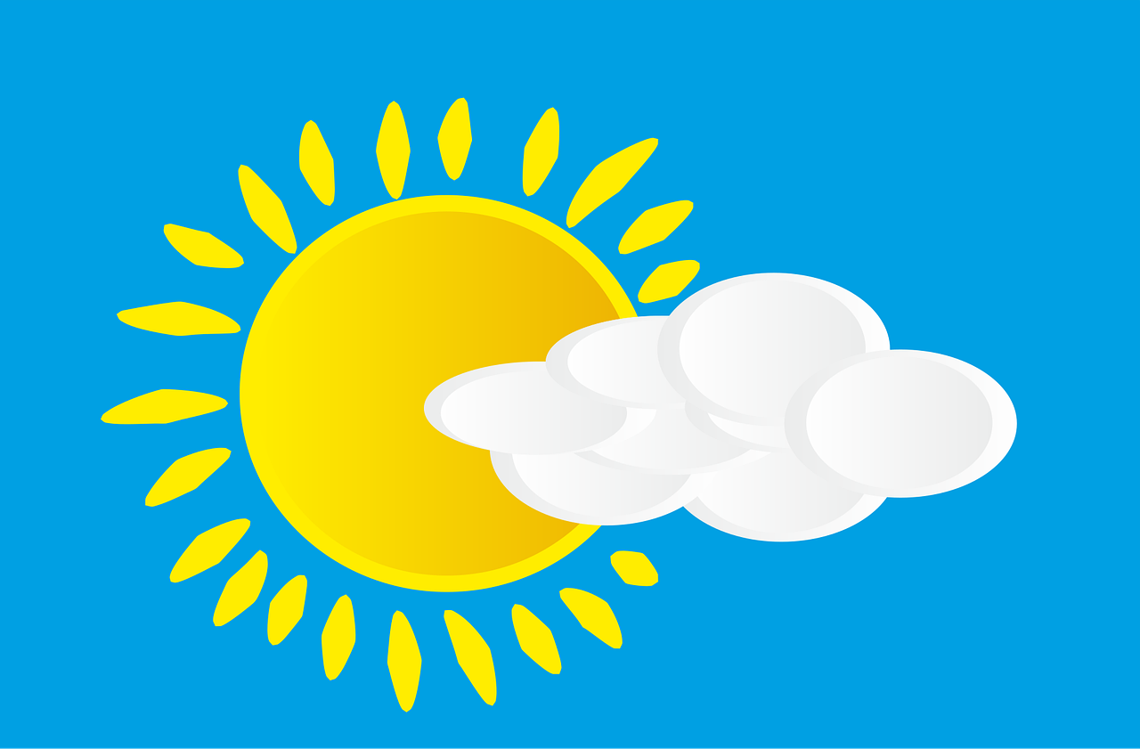 Vector illustration of a bright yellow sun with rays partially obscured by a white cloud on a blue background.