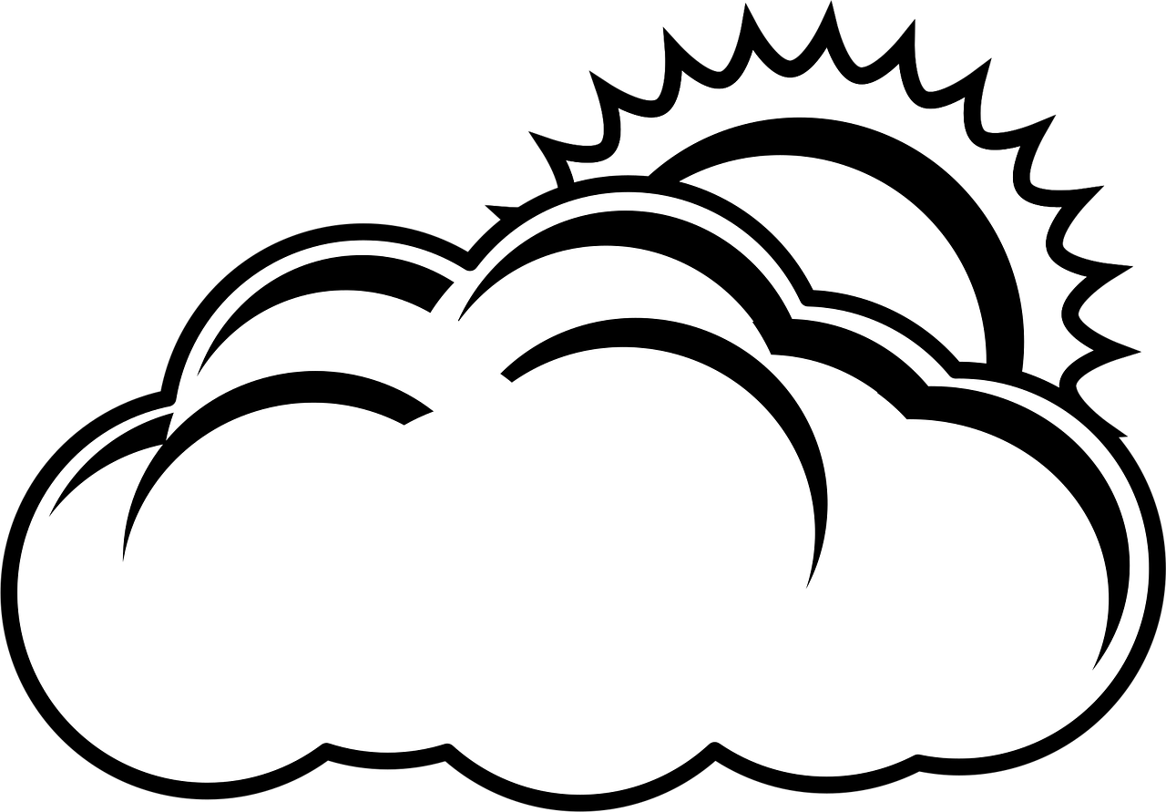 Black and white line art of a sun partially obscured by clouds.