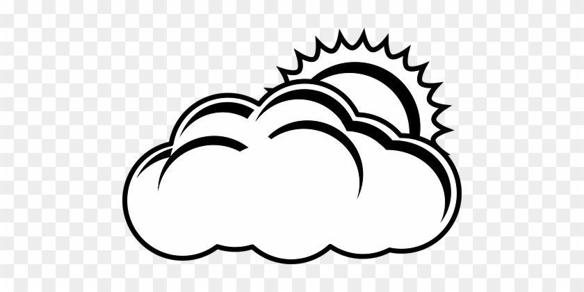 Black and white line art of a fluffy cloud partially covering a sun with jagged rays.