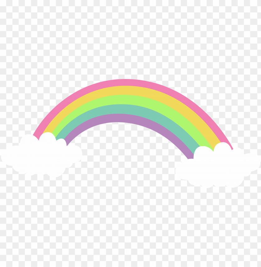 Pastel rainbow arch with white clouds on a transparent background.