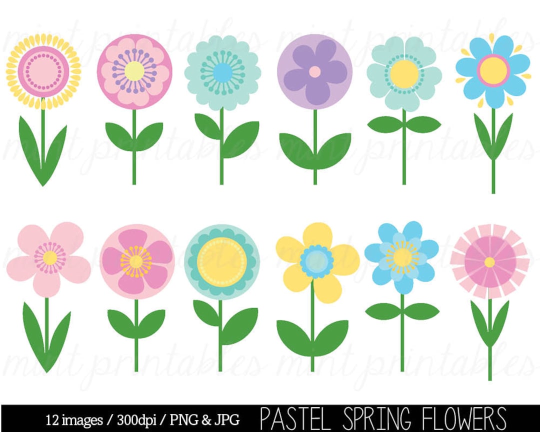 Pastel Spring Flowers Clipart Set - 12 High Resolution PNG & JPG Images