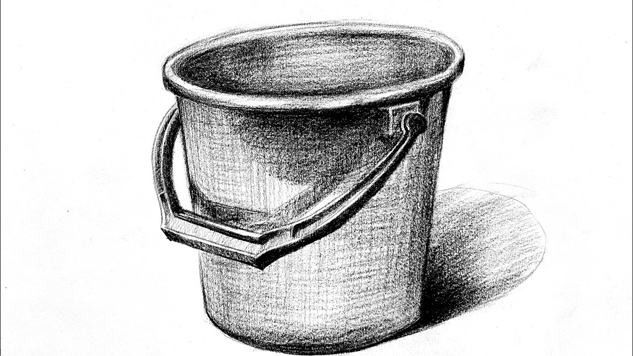 Realistic pencil sketch of a bucket with a handle and shadow.