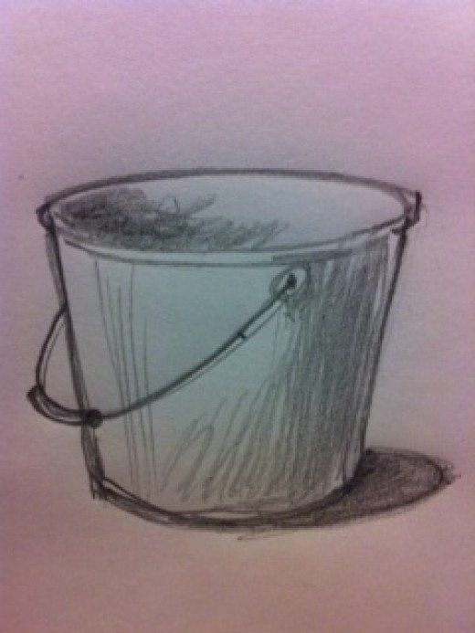 Pencil sketch of a simple bucket with a handle and shading.