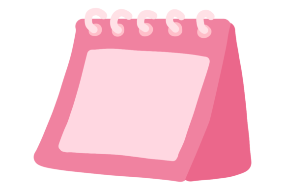 Pink standing desk calendar illustration with spiral binding and blank page.