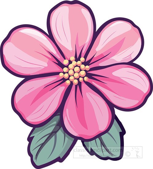 Pink Flower Clip Art Illustration with Green Leaves