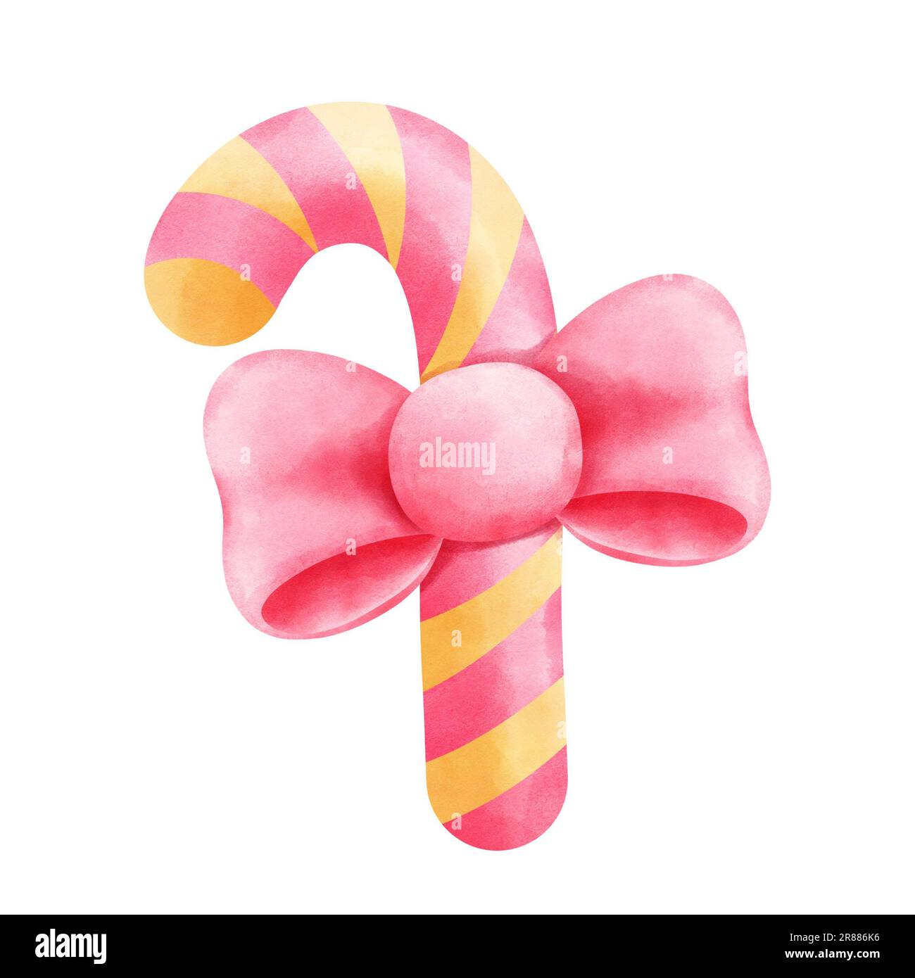 Watercolor illustration of a pink and yellow striped candy cane with a large pink bow.