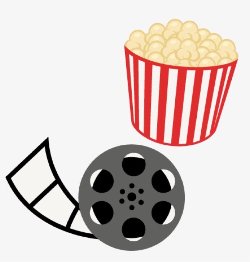 Classic movie theater popcorn in red striped bucket with film reel and strip