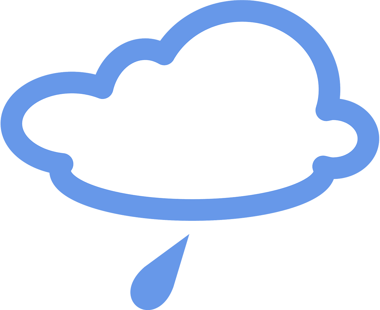 Blue outlined white cloud with raindrop weather icon showing rainy conditions