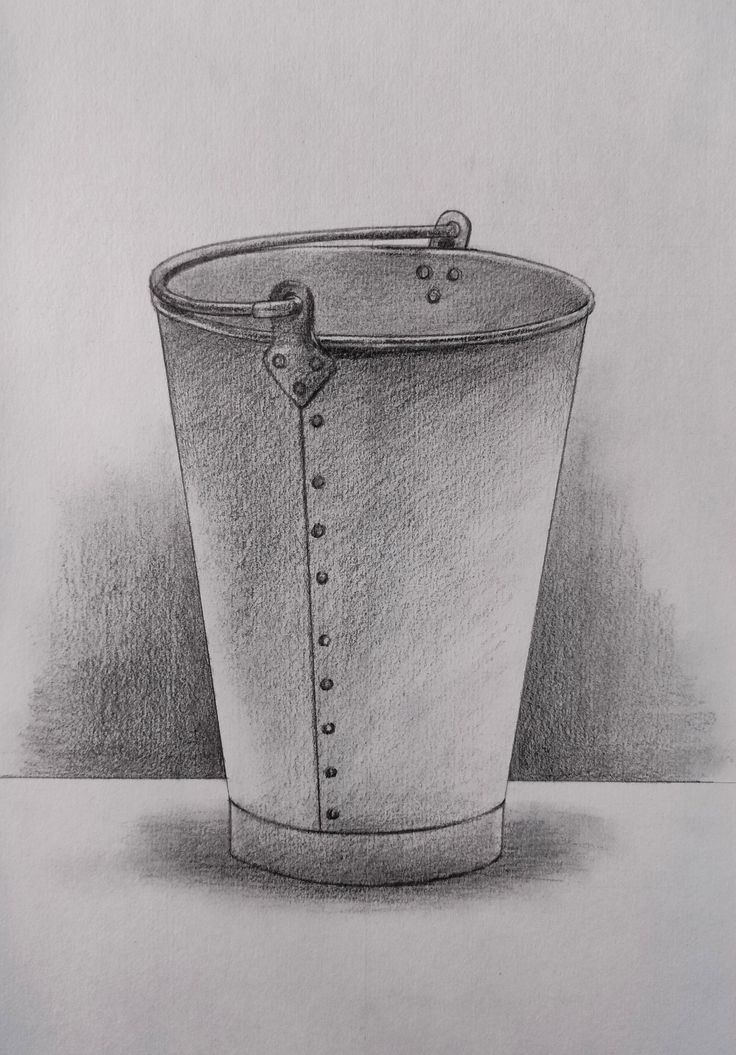 Realistic graphite sketch of a metal bucket with a handle and vertical rivet seam.