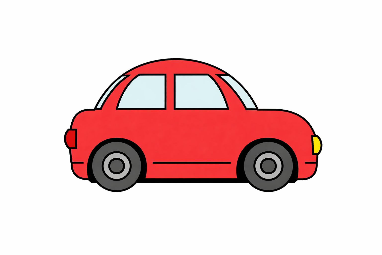 A cartoon red car side view with black wheels and light blue windows on a white background.
