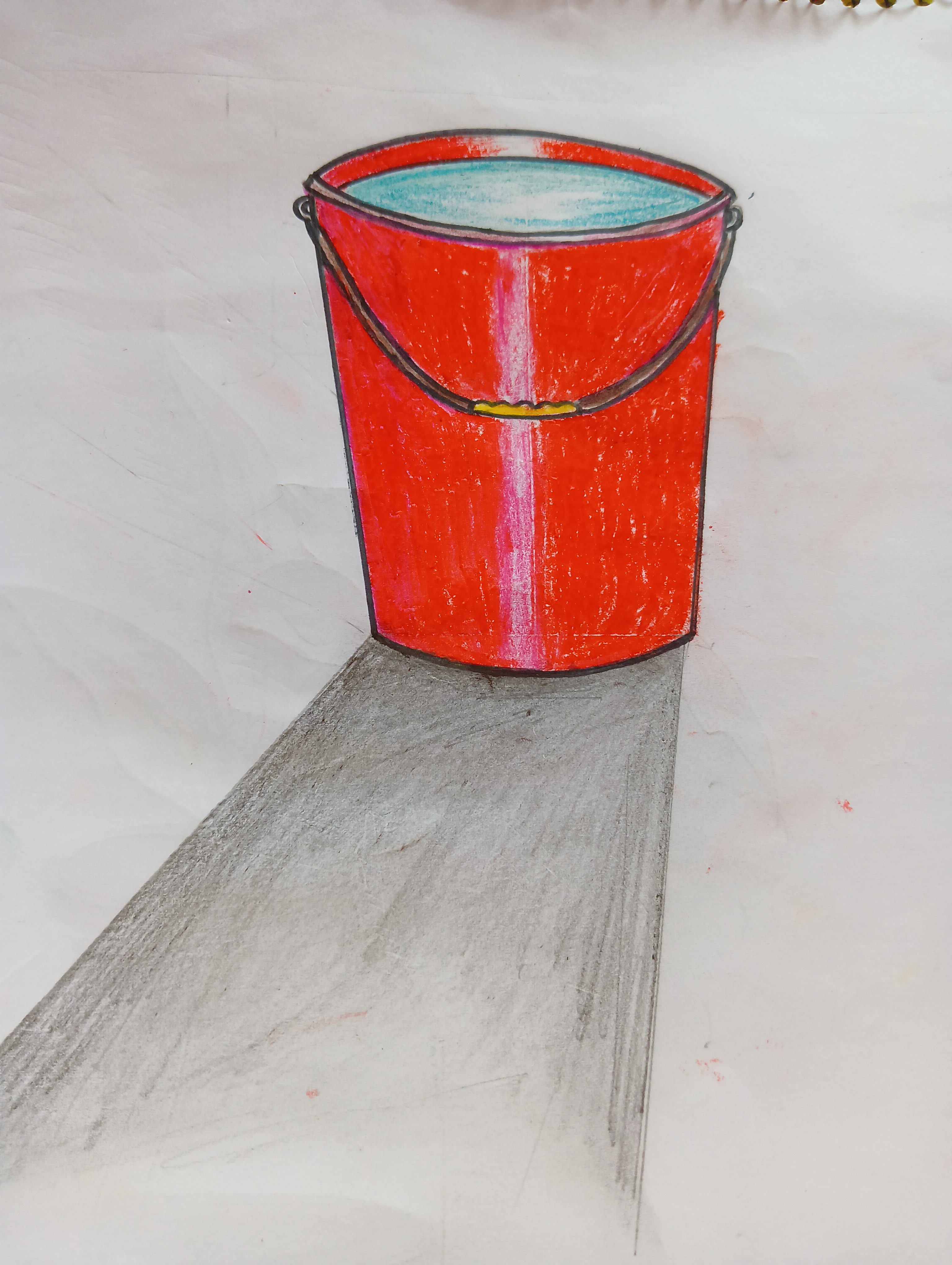 Hand-drawn red bucket filled with blue water casting a grey shadow.