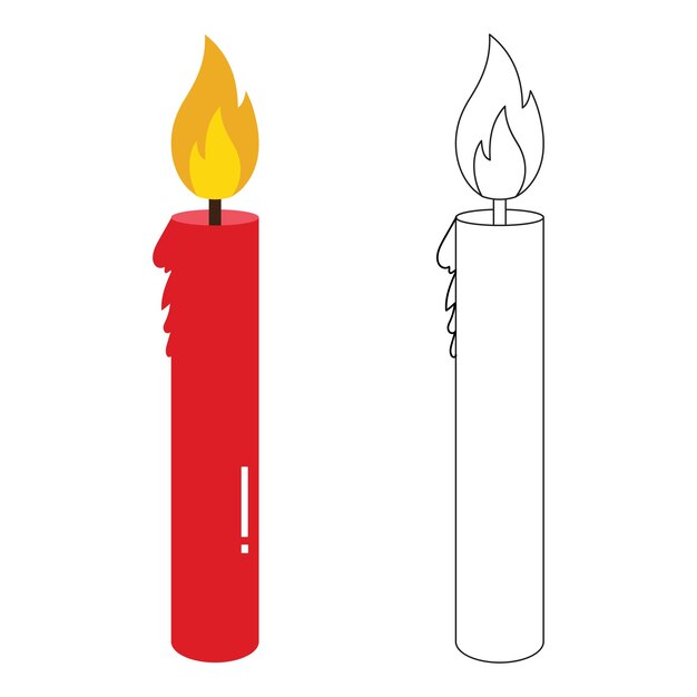 Red lit candle with exclamation mark next to black and white outline coloring page.