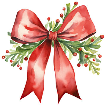 Festive Red Christmas Bow with Holly Watercolor Illustration