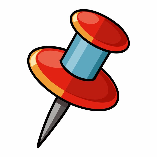 Cartoon illustration of a red pushpin with a blue center and sharp metal point.