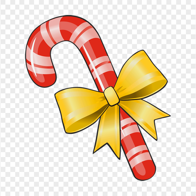 Red and white striped candy cane with a yellow bow.