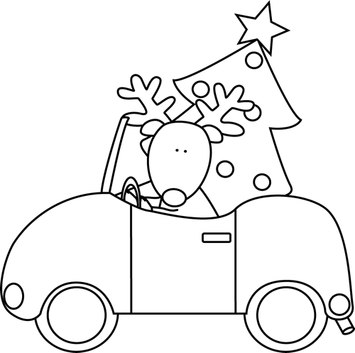 Reindeer Driving Car with Christmas Tree Coloring Page