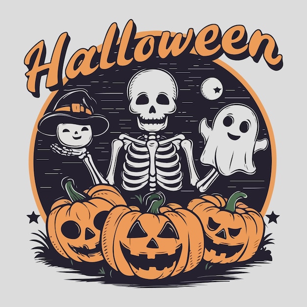 Retro Halloween Vector Art with Skeleton, Ghost, and Pumpkins