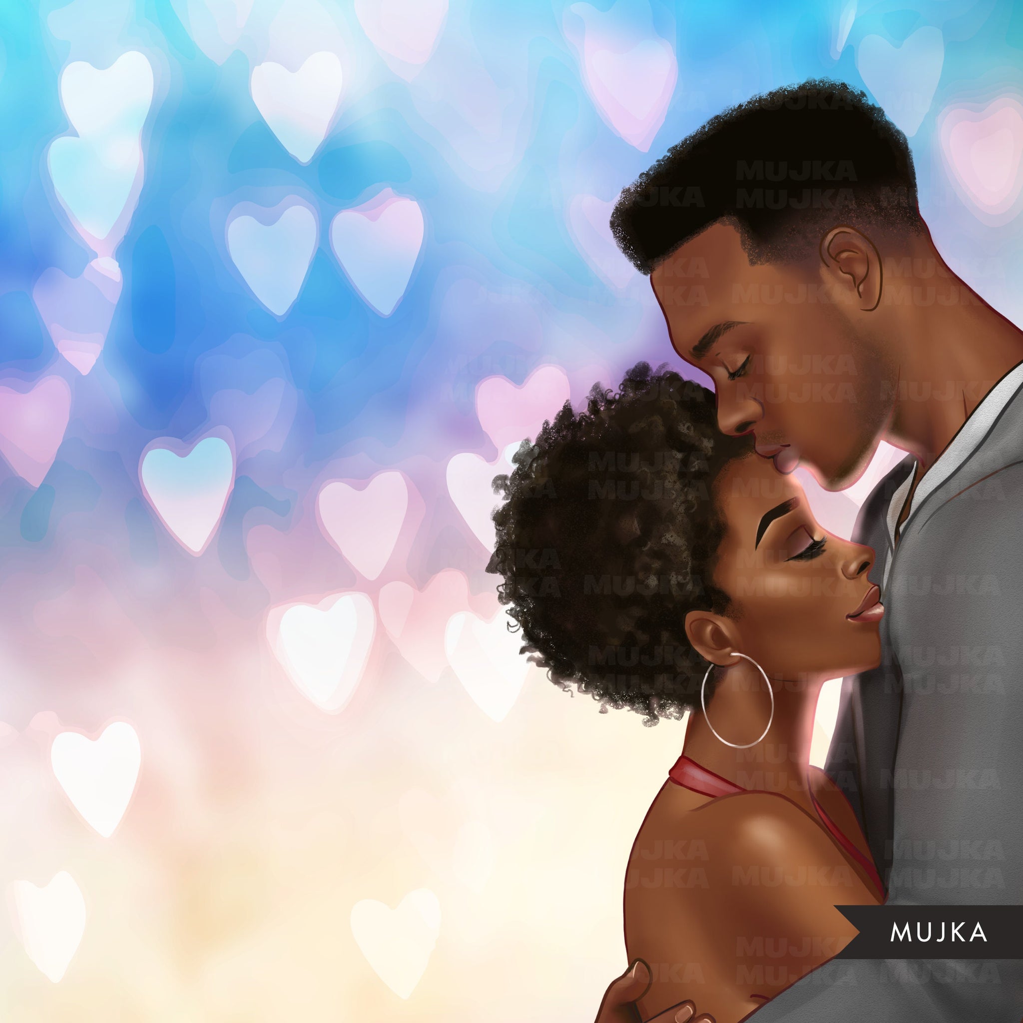 Romantic Black Couple Embrace Illustration | Tender Love Art