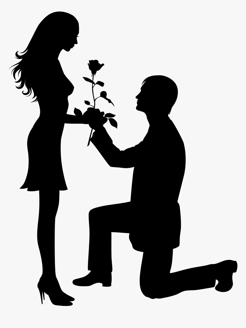 Romantic Marriage Proposal Silhouette - Man Kneeling with Rose