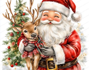 Heartwarming Watercolor Santa Claus Hugging Reindeer | Christmas Illustration