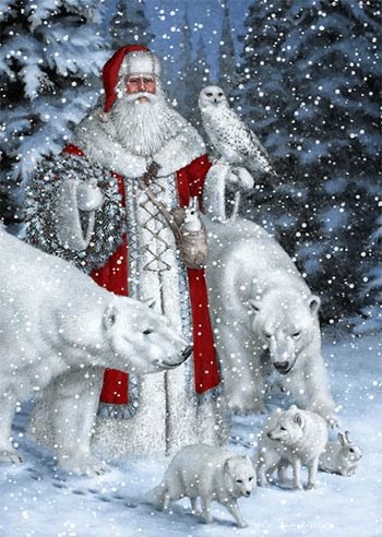 Santa Claus with Polar Bears and Snowy Owl in Winter Forest