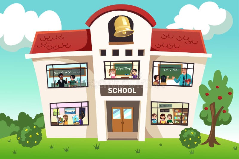 Colorful School Building Illustration with Students and Teachers