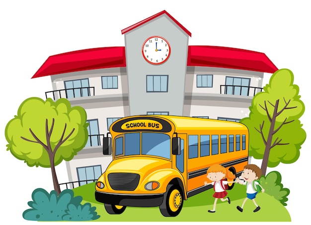 School Building with Yellow Bus and Students Illustration
