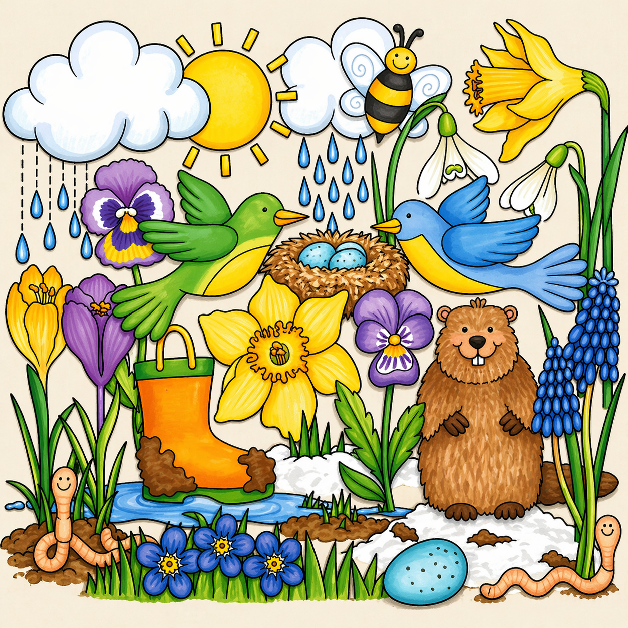 Colorful hand-drawn signs of spring clipart set featuring birds, flowers, a groundhog, muddy boot, and rain clouds.