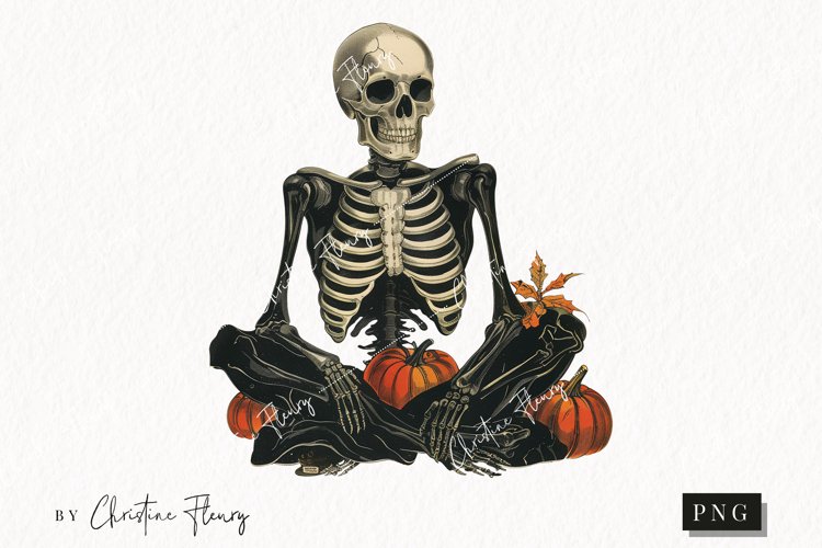Spooky Zen Skeleton Meditating with Pumpkins - Halloween Art