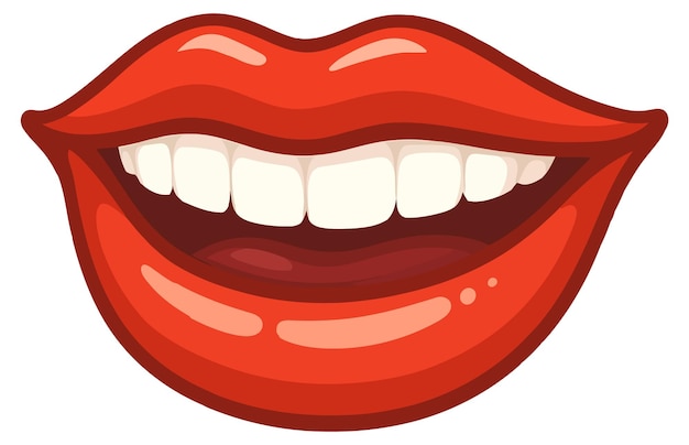 Cartoon illustration of a smiling mouth with bright red lips and white teeth.