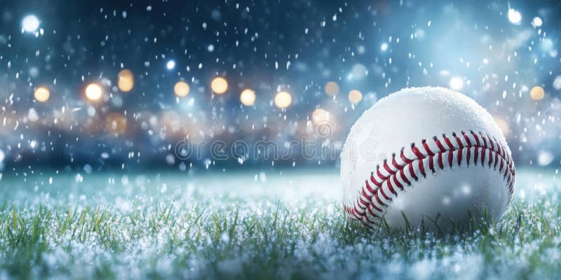 Snow-covered baseball on grass field at night with bokeh lights and falling snow