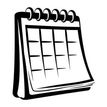 Black and white line art illustration of a spiral-bound desk calendar with a monthly grid layout.