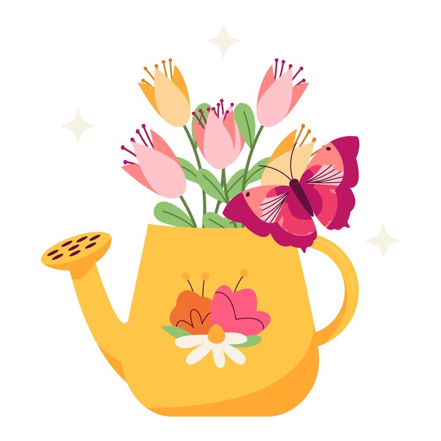 Yellow watering can with pink and yellow tulips and purple butterfly illustration