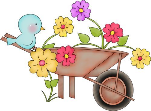 Cute illustration of a wooden wheelbarrow overflowing with colorful spring flowers and a small blue bird perched on the handle.