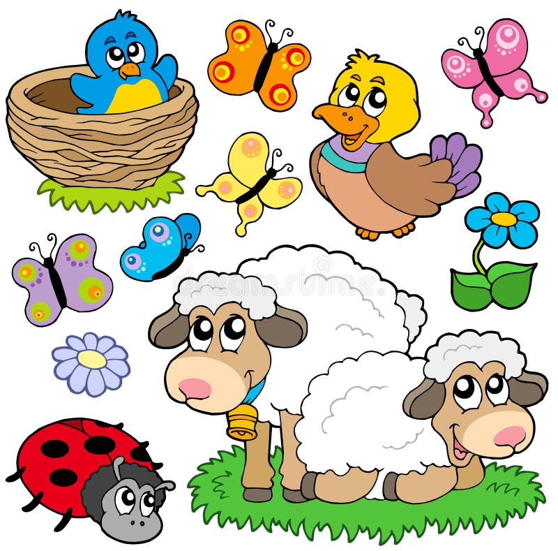 Cartoon spring animals clip art featuring a bird in a nest, duck, sheep, butterflies, and a ladybug.