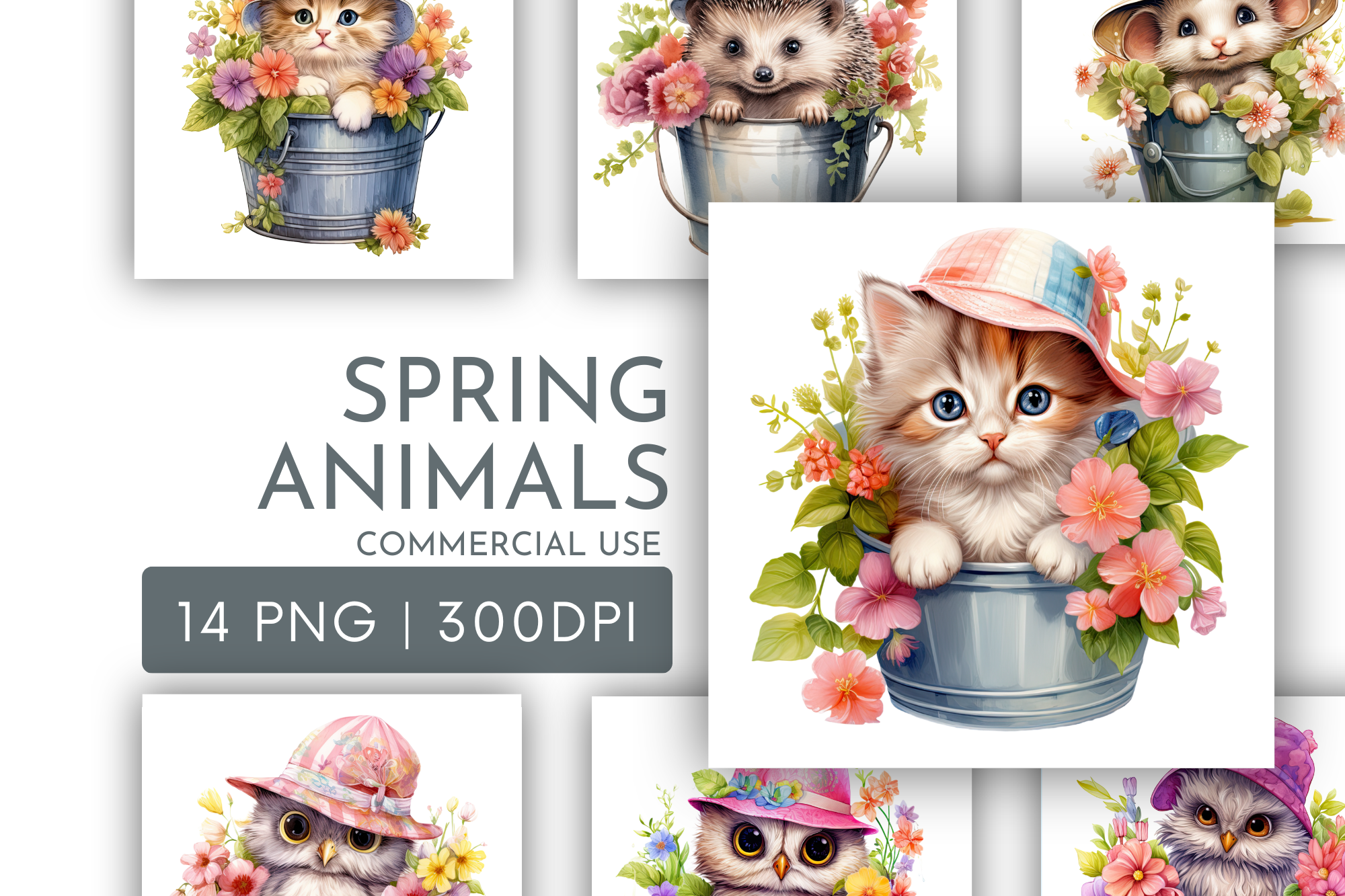 Cute spring animals clipart set featuring kittens, hedgehogs, and owls in floral buckets.