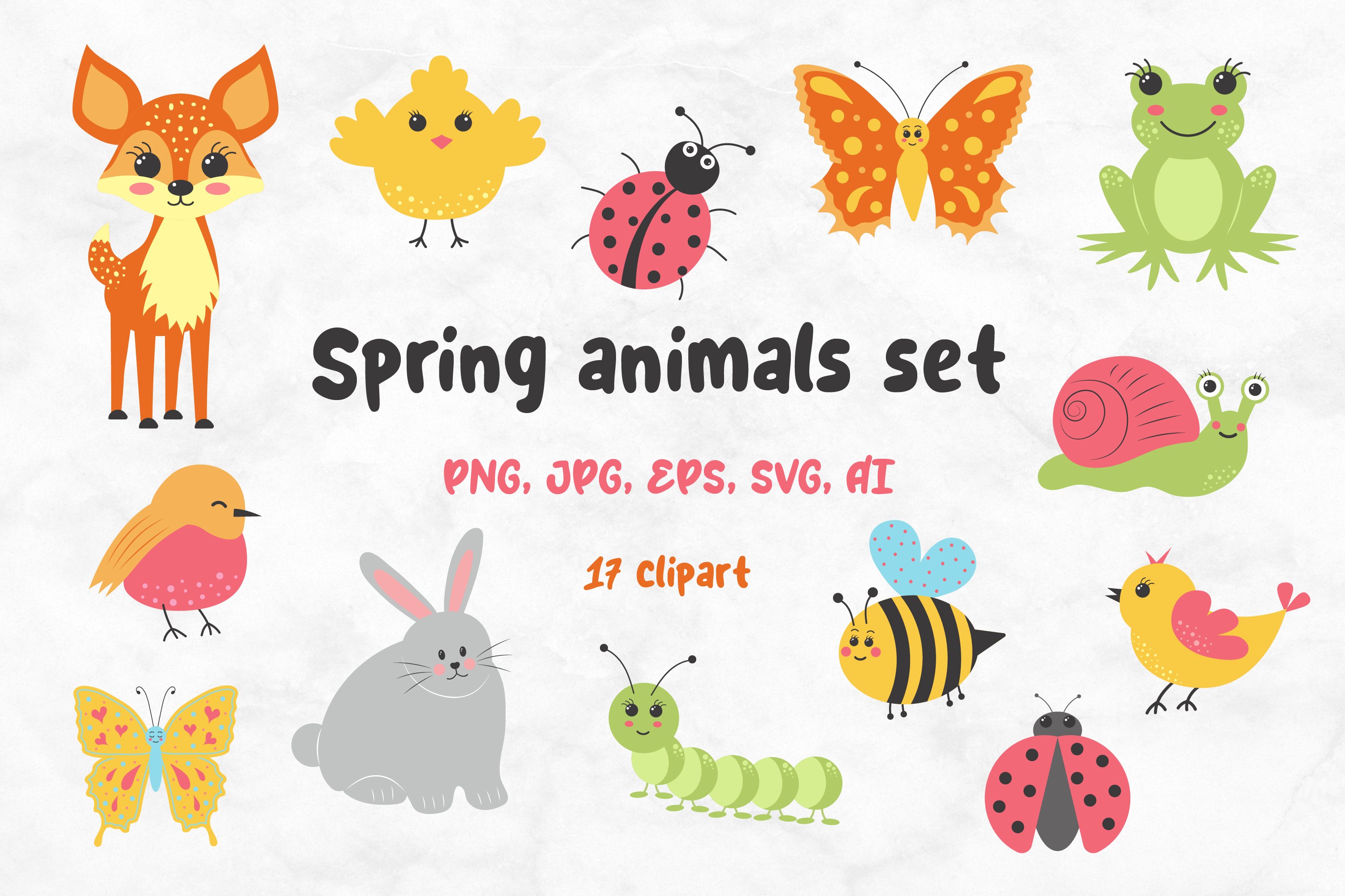 Cute Spring Animals Clipart Set - 17 PNG, SVG, AI Illustrations