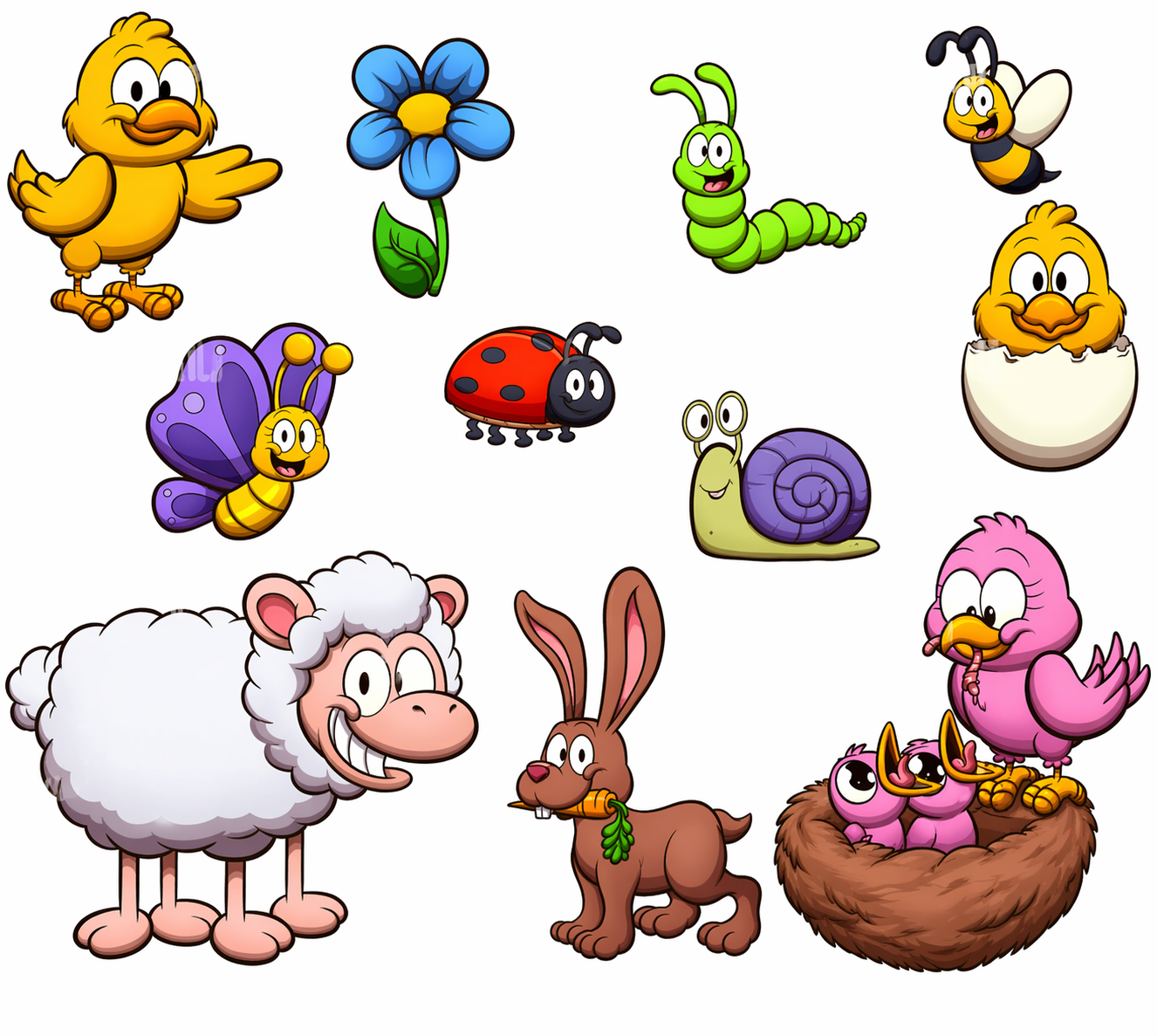 Cartoon collection of spring animals including a chick, sheep, rabbit, and insects like a butterfly and bee.