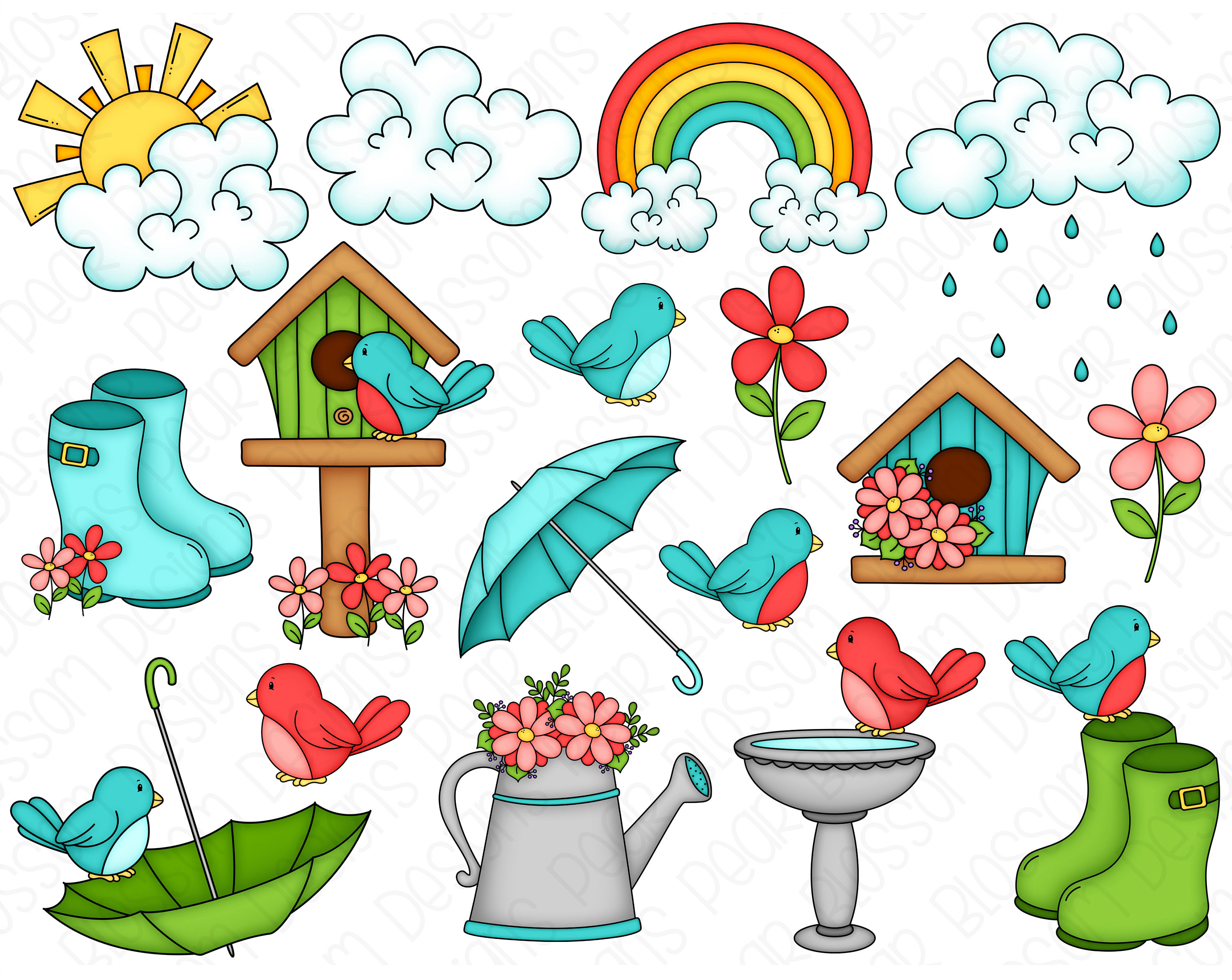 Cute spring clipart set with birds, rain boots, birdhouses, flowers, and weather icons like rainbows and clouds.