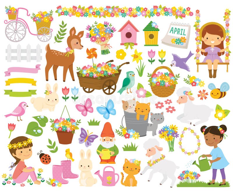 Colorful spring clipart collection featuring flowers, animals like bunnies and deer, a girl on a swing, and an April calendar.