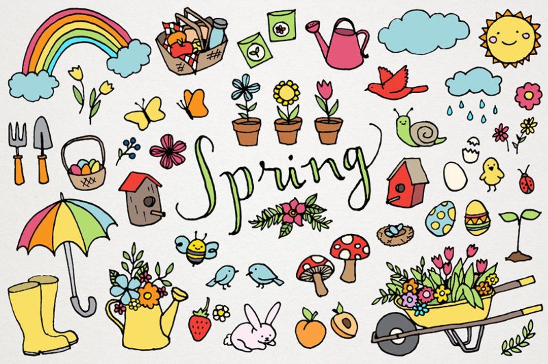 Colorful spring-themed doodle collection featuring gardening tools, flowers, rainbows, Easter eggs, and the word Spring in cursive.