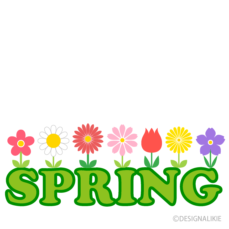 Spring floral graphic with colorful flowers blooming above green text letters.