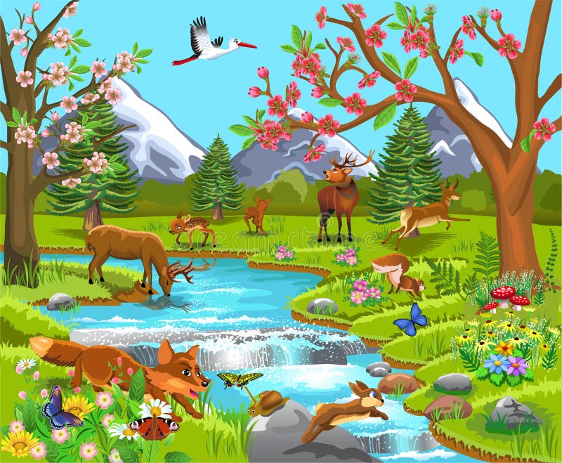 Spring Forest Wildlife Illustration with Deer and Stream