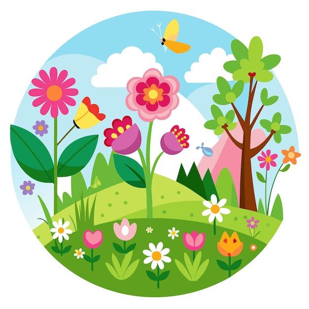 A vibrant circular illustration of a spring meadow featuring colorful flowers, a green tree, and a yellow butterfly against a blue sky.