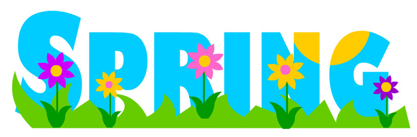 Colorful vector graphic of the word SPRING in blue letters surrounded by flowers and green grass.