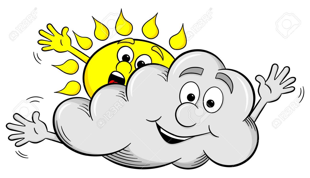 Cartoon sun peeking from behind smiling cloud character with surprised expression
